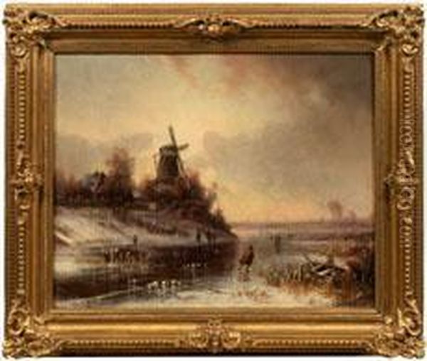 Eisvergnugen An Einerwindmuhle Im Abendrot Oil Painting by Adolf Stademann