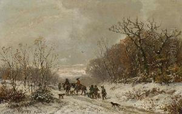 Jager In
 Winterlandschaft. Oil Painting by Adolf Stademann