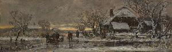 Winterliche Dorflandschaft Mit
 Spaziergangern Oil Painting by Adolf Stademann