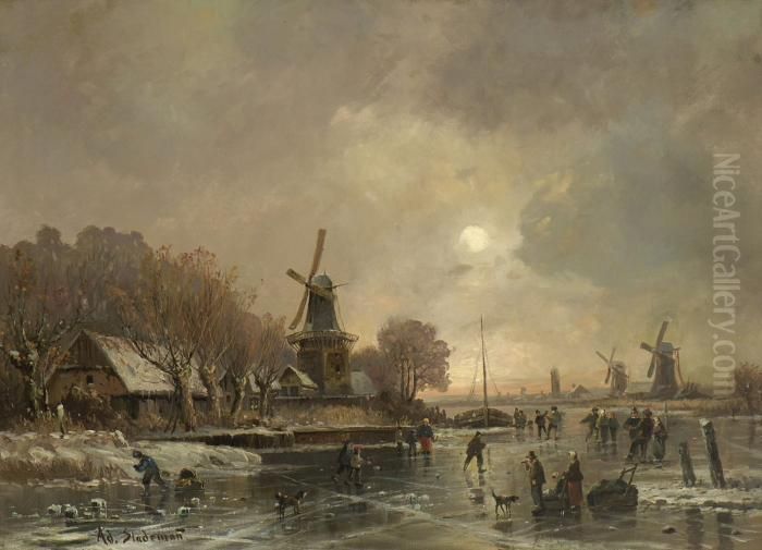 Eisvergnugen In Hollandischer
 Flusslandschaft. Oil Painting by Adolf Stademann