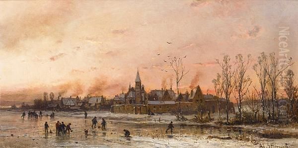Skaters On A Frozen Lake Oil Painting by Adolf Stademann