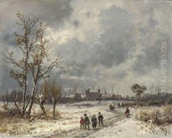 Winterspaziergang Vor Der
 Stadt. Oil Painting by Adolf Stademann