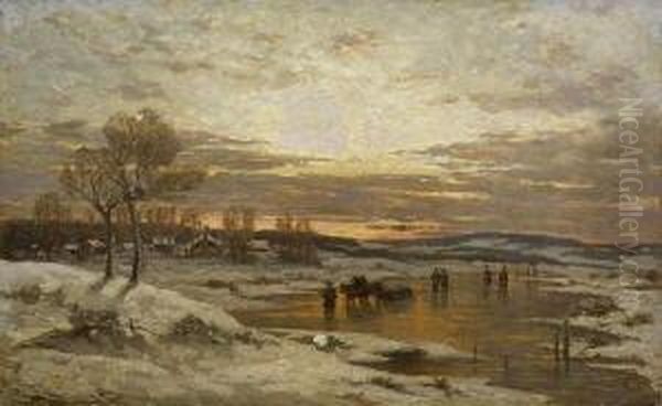 Winterlandschaft In Der
 Abenddammerung. Oil Painting by Adolf Stademann