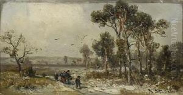 Wanderer In
 Winterlandschaft. Oil Painting by Adolf Stademann