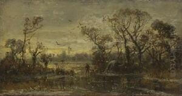 Wanderer Mit Hund In
 Winterlandschaft. Oil Painting by Adolf Stademann