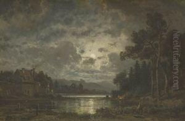 Flusslandschaft Im
 Mondschein. Oil Painting by Adolf Stademann