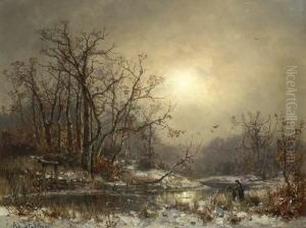 Winterliche
 Bachlandschaft. Oil Painting by Adolf Stademann