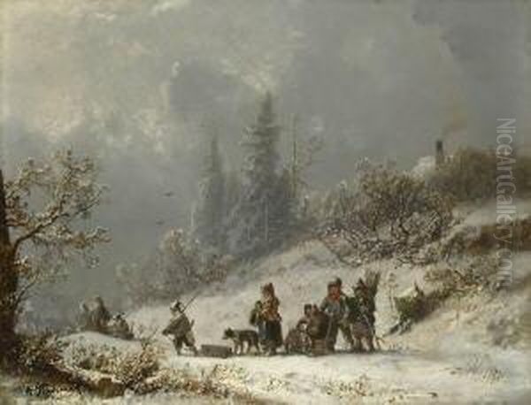 Menschengruppe Mit Schlitten Im
 Schnee. Oil Painting by Adolf Stademann