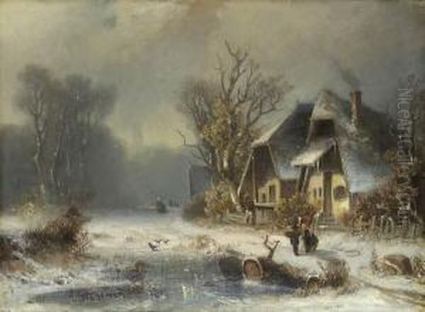 Winterliche
 Dorflandschaft. Oil Painting by Adolf Stademann