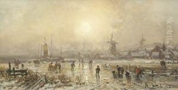 Eisvergnugen In Hollandischer
 Winterlandschaft. Oil Painting by Adolf Stademann