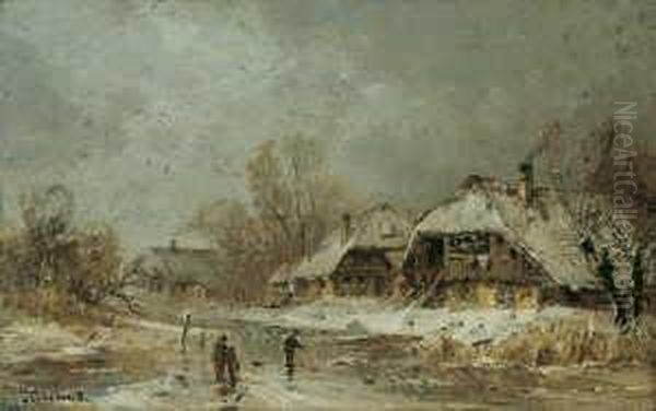 Abendliche Winterlandschaft. 
Signiert Unten Links: A. Stademann. Ol Auf Leinwand. H 38; B 60 Cm. Oil Painting by Adolf Stademann