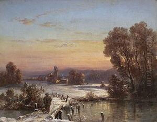 Jager Mit Hund In
 Winterlandschaft. Oil Painting by Adolf Stademann