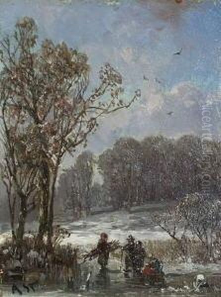 Reisigsammler Im
 Winterlandschaft. Oil Painting by Adolf Stademann