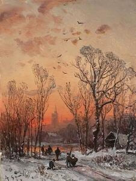 Winterlandschaft In Der
 Dammerung. Oil Painting by Adolf Stademann