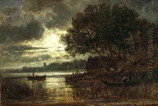 Fischerboote Am Nachtlichen
 Seeufer. Oil Painting by Adolf Stademann