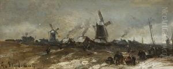 Hollandische
 Winterlandschaften. Oil Painting by Adolf Stademann