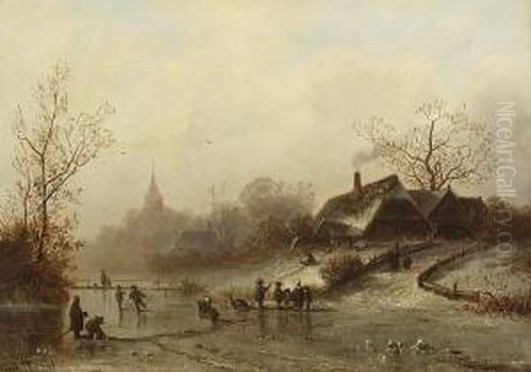Eisvergnugen Vor Dem
 Dorf. Oil Painting by Adolf Stademann