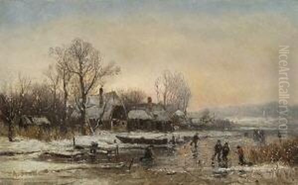 Winterliche
 Flusslandschaft. Oil Painting by Adolf Stademann