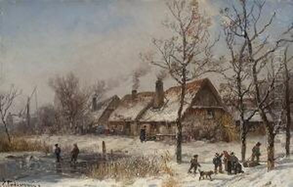 Wintervergnugen Vor Dem
 Dorf. Oil Painting by Adolf Stademann
