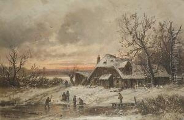Abendliche Winterlandschaft Mit
 Spielenden Kindern Auf Dem Zugefrorenen See Vor Dem
 Bauernhaus. Oil Painting by Adolf Stademann