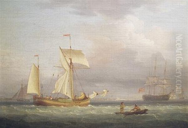 Ships And A Rowboat In Choppy Water Oil Painting by William Clarkson Stanfield