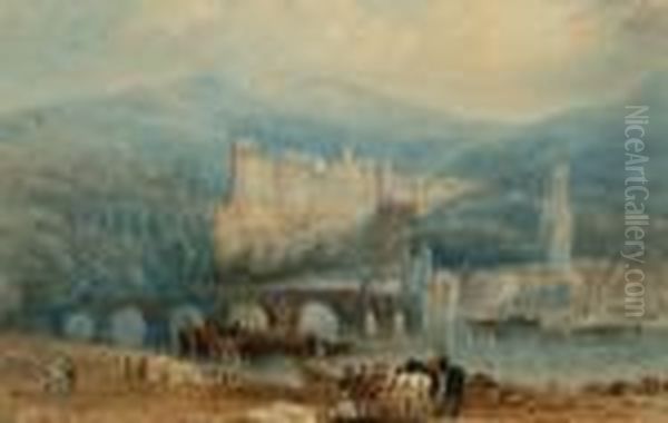 Follower Of Clarkson Stanfield 
Ra -- View Of A European Town With A Stone Bride, A Crowd Of Figures And
 Mountains In The Distance; Watercolour, Bears Signature, 18.5x28cm Oil Painting by William Clarkson Stanfield