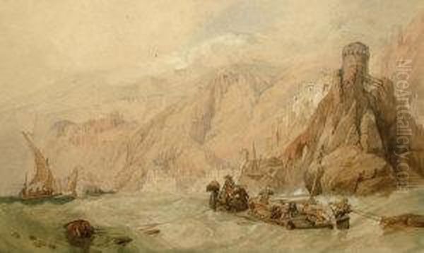 Follower Of Clarkson Stanfield 
Ra -- 'citara, Gulf Of Salerno'; Watercolour, Bears Initials, Bears 
Paper Label Attached To The Reverse Of The Frame, 15x24cm Oil Painting by William Clarkson Stanfield
