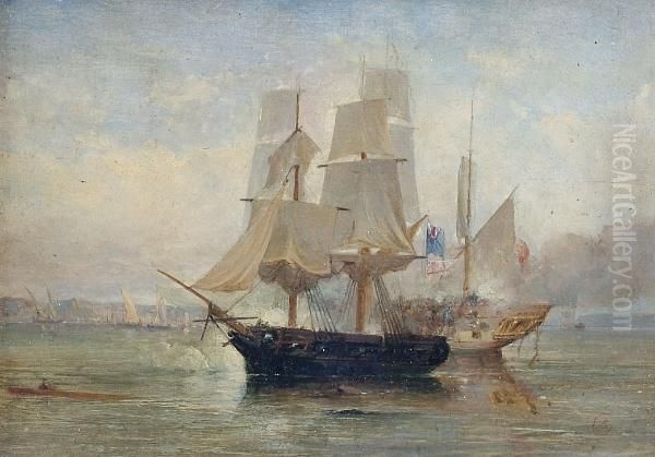 'the 'speedy' Gun Brig, Captain 
(afterwards Lord) Cockrane, Engaged In Action With A Spanish Zeebeek Off
 Barcelona' Oil Painting by William Clarkson Stanfield