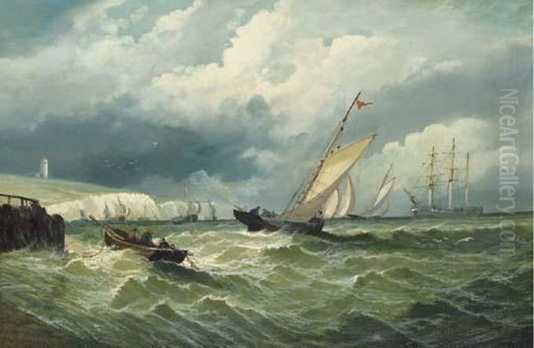 A View Of The English Channel 
With Sailboats In Choppy Seas Off The White Cliffs Of Dover Oil Painting by William Clarkson Stanfield