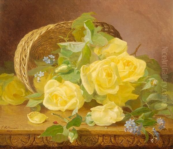 A Still Life Of Yellow Roses And
 Forget-me-nots Spilling From A Basket Onto A Carved Wooden Shelf Oil Painting by Eloise Harriet Stannard