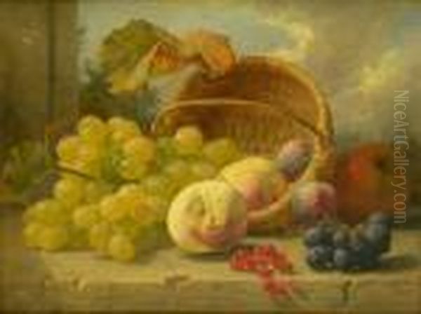 Still Life, Red And White 
Grapes, Peaches, Apple, Plums,red Currants And Rush Basket On A Stone 
Ledge Oil Painting by Eloise Harriet Stannard