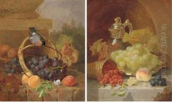 Still Life Of Fruit, A Bullfinch
 And A Butterfly; And Still Life Offruit On A Silver Salver With A Jug Oil Painting by Eloise Harriet Stannard