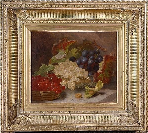 Still Life Of Redcurrants In A 
Basket, White Currants And Grapes In Glass Bowl And Hazelnuts, All On A 
Marble Ledge Oil Painting by Eloise Harriet Stannard