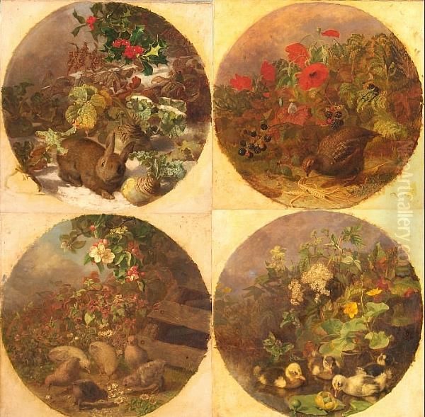 The Four Seasons: Chicks And 
Apple Blossom; Ducklings And Meadowsweet; Partridge, Poppies And 
Blackberries; Rabbit In The Snow Oil Painting by Eloise Harriet Stannard