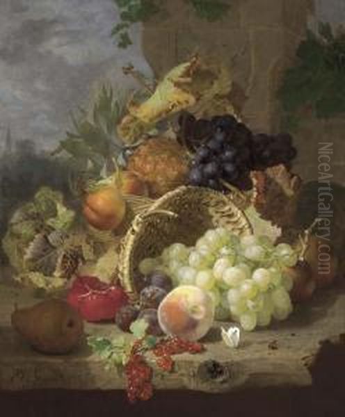 Apples, A Pineapple And Black 
Grapes In A Basket, Beside An Upturned Basket With A Pear, Plums, 
Redcurrants, A Peach, White Grapes And A Butterfly On A Wooden Ledge Oil Painting by Eloise Harriet Stannard