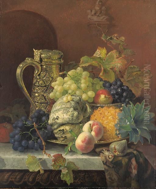 A Melon, Pineapple, Grapes And 
Other Fruits On A Tray, With Asilver Gilt Flagon On A Marble Ledge Oil Painting by Eloise Harriet Stannard