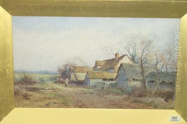 Bedfordshire Farm With A Woman Feeding Chickens, Geese Nearby Signed Oil Painting by Henry John Sylvester Stannard
