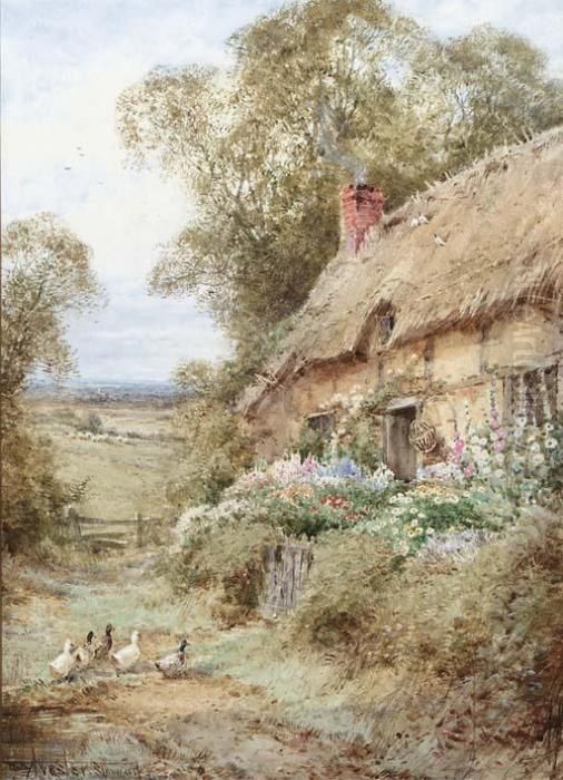 A Country Cottage Near Bedford 
With Ducks; And A Bedfordshire Cottage With Chickens Feeding Oil Painting by Henry John Sylvester Stannard