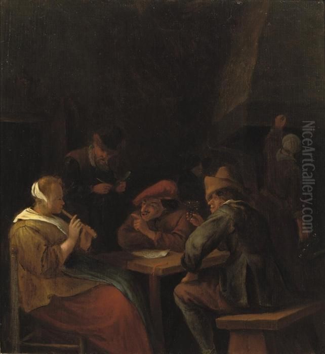 Peasants Drinking And Making Music In An Inn Oil Painting by Jan Steen