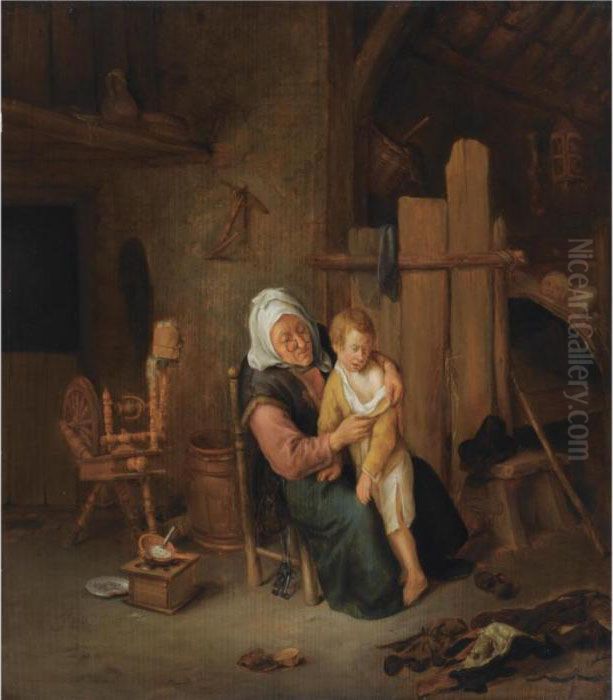 A Woman Undressing A Young Boy 
In An Interior, Another Child Lying In A Bed In The Background Oil Painting by Jan Steen