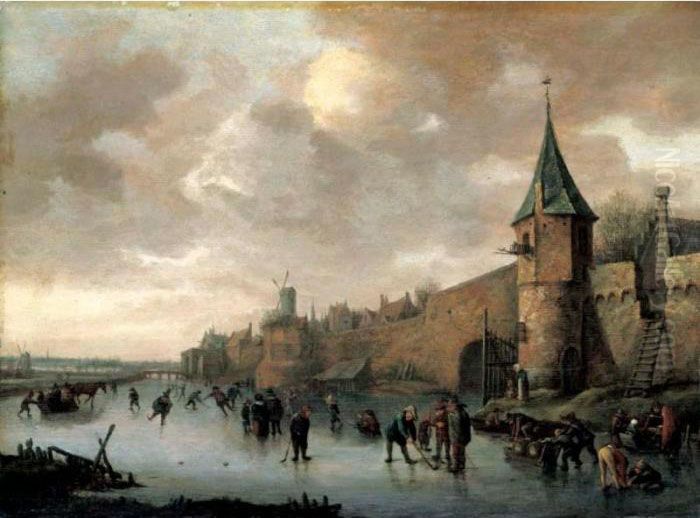 A Winter Landscape With Figures 
Skating, Playing Kolf And Conversing On A Frozen River Outside The Walls
 Of A Fortified Town. Oil Painting by Jan Steen