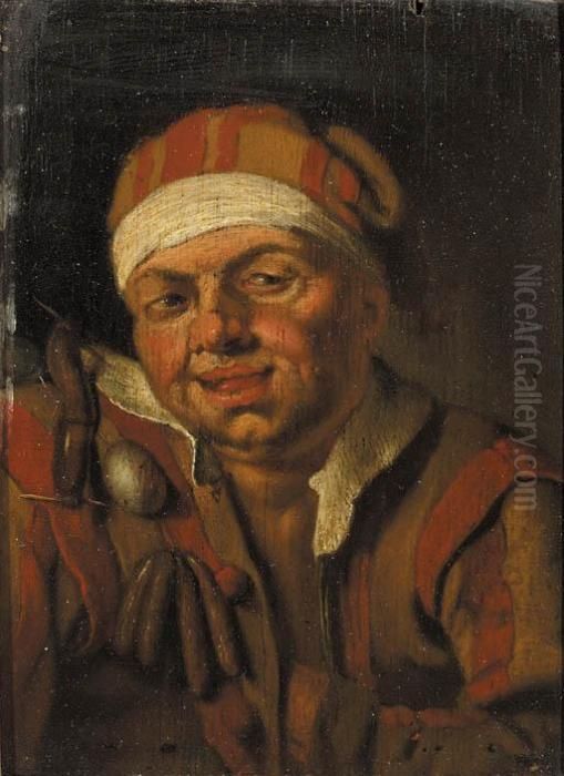 A Personification Of Gluttony: A
 Man In Fancy Costume With Sausages And An Egg Attached To His Shoulder Oil Painting by Jan Steen