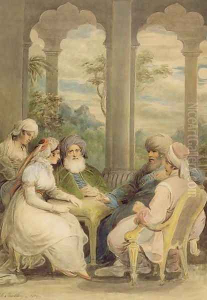 Prince Rasselas and his sister conversing in their summer palace on the banks of the Nile, 1804 Oil Painting by Samuel Shelley