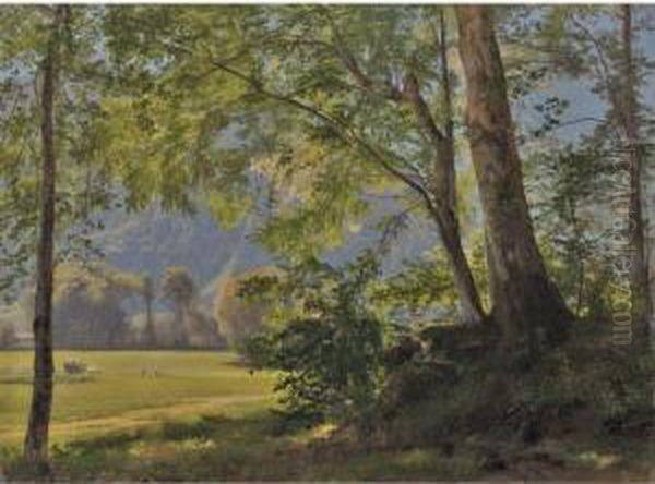 Ausblick Aus Einer Waldlandschaft Bei Brannenburg Im Inntal Oil Painting by Johann Gottfried Steffan