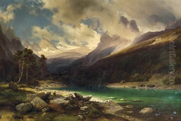 Gosausee Mit Dachstein Oil Painting by Johann Gottfried Steffan