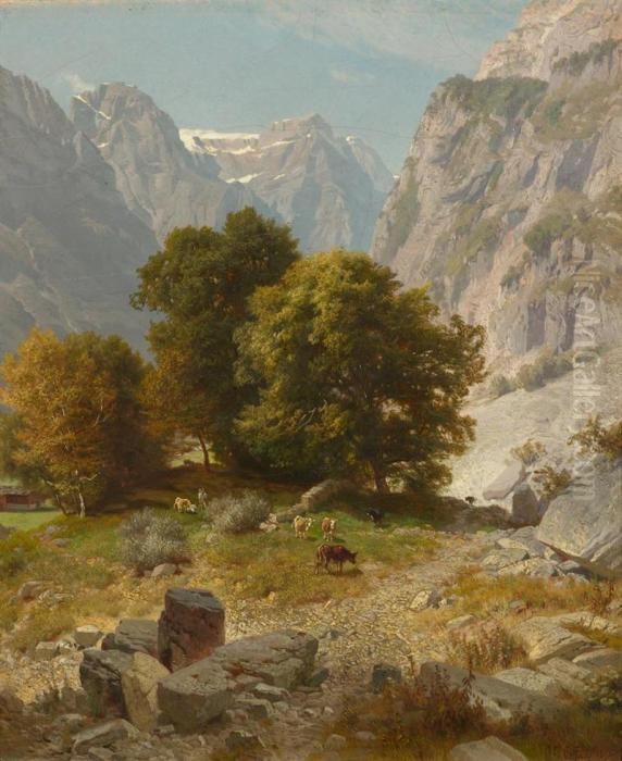 Mountain Landscape With Cows Oil Painting by Johann Gottfried Steffan