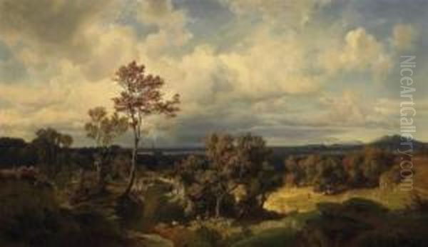 View Onto The Vast Pre-alp 
Landscape In Switzerland Signed And Dated Lower Left: J. Steffan 1852 
Munich Oil Painting by Johann Gottfried Steffan