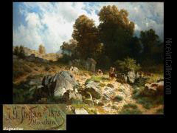 Kuhe Und Hirten In Einer Gebirgslandschaft Oil Painting by Johann Gottfried Steffan