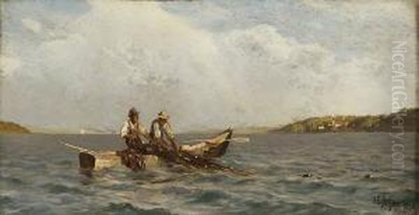 Fischer Beim Einholen Ihres
 Netzes Oil Painting by Johann Gottfried Steffan