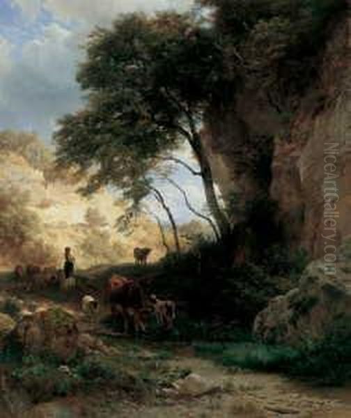 Sudliche Berglandschaft Mit 
Vieh. Signiert Und Datiert Unten Links: J.g. Steffan Pt. 1869 Munchen. 
Ol Auf Leinwand (doubliert). H 80; B 67 Cm. Farbtafel Oil Painting by Johann Gottfried Steffan